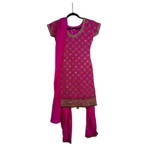 Three Piece Palazzo Set Hot Pink Gold Embroidered Dress Pants Scarf XS